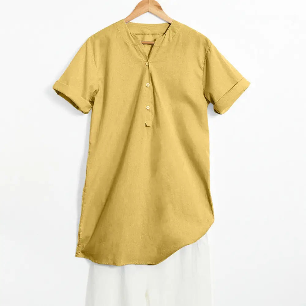 Buddha Stones Casual Plain Button Notched Collar Women’s Short Sleeve Shirt - Goldenrod / US4，UK/AU8，EU36 (S) - Women’s