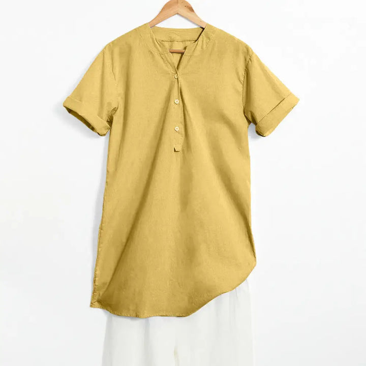 Buddha Stones Casual Plain Button Notched Collar Women’s Short Sleeve Shirt - Goldenrod / US4，UK/AU8，EU36 (S) - Women’s
