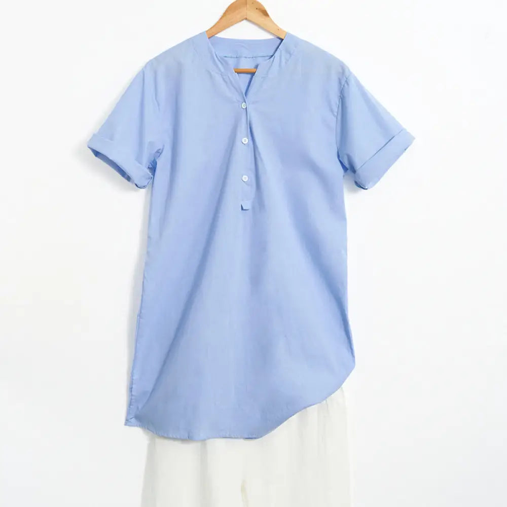 Buddha Stones Casual Plain Button Notched Collar Women’s Short Sleeve Shirt - LightSteelBlue / US4，UK/AU8，EU36 (S)