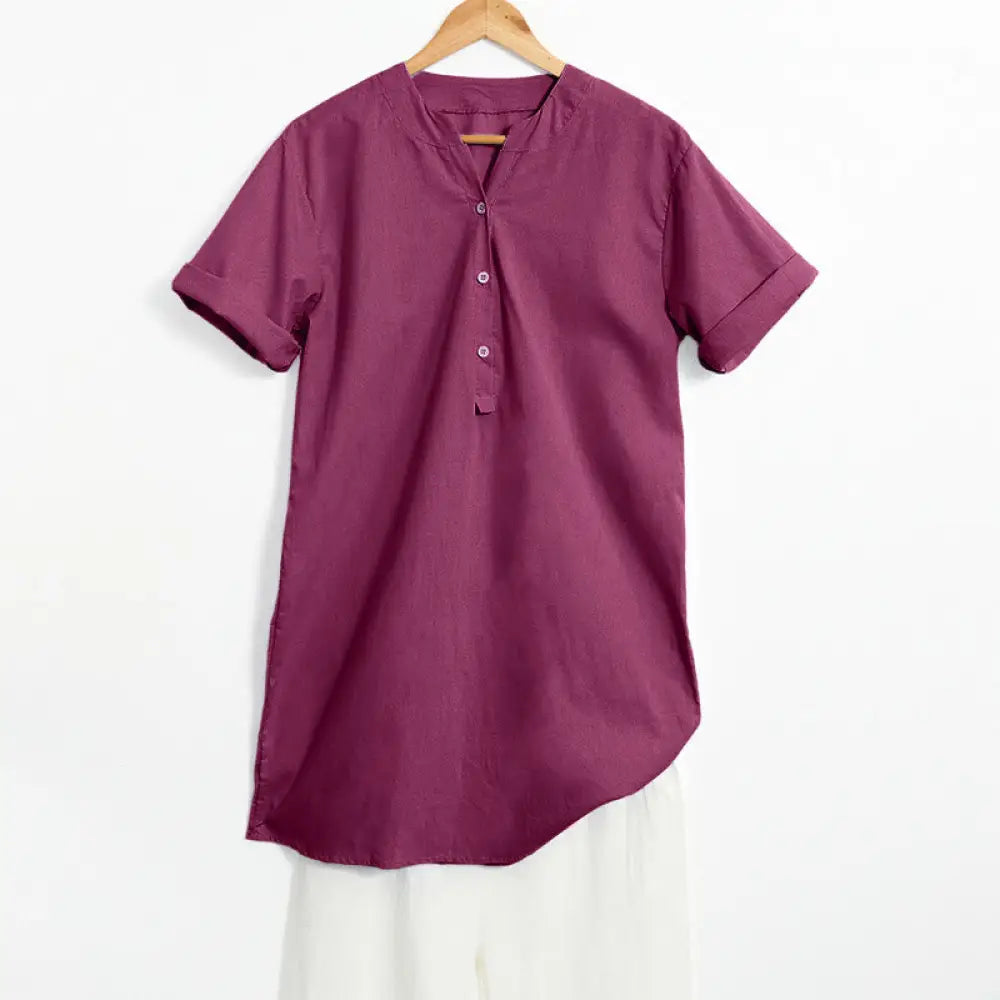 Buddha Stones Casual Plain Button Notched Collar Women’s Short Sleeve Shirt - MediumVioletRed / US4，UK/AU8，EU36 (S)