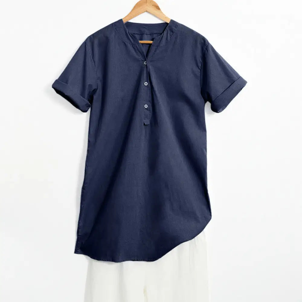 Buddha Stones Casual Plain Button Notched Collar Women’s Short Sleeve Shirt - Navy / US4，UK/AU8，EU36 (S) - Women’s