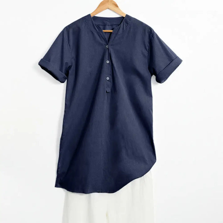 Buddha Stones Casual Plain Button Notched Collar Women’s Short Sleeve Shirt - Navy / US4，UK/AU8，EU36 (S) - Women’s