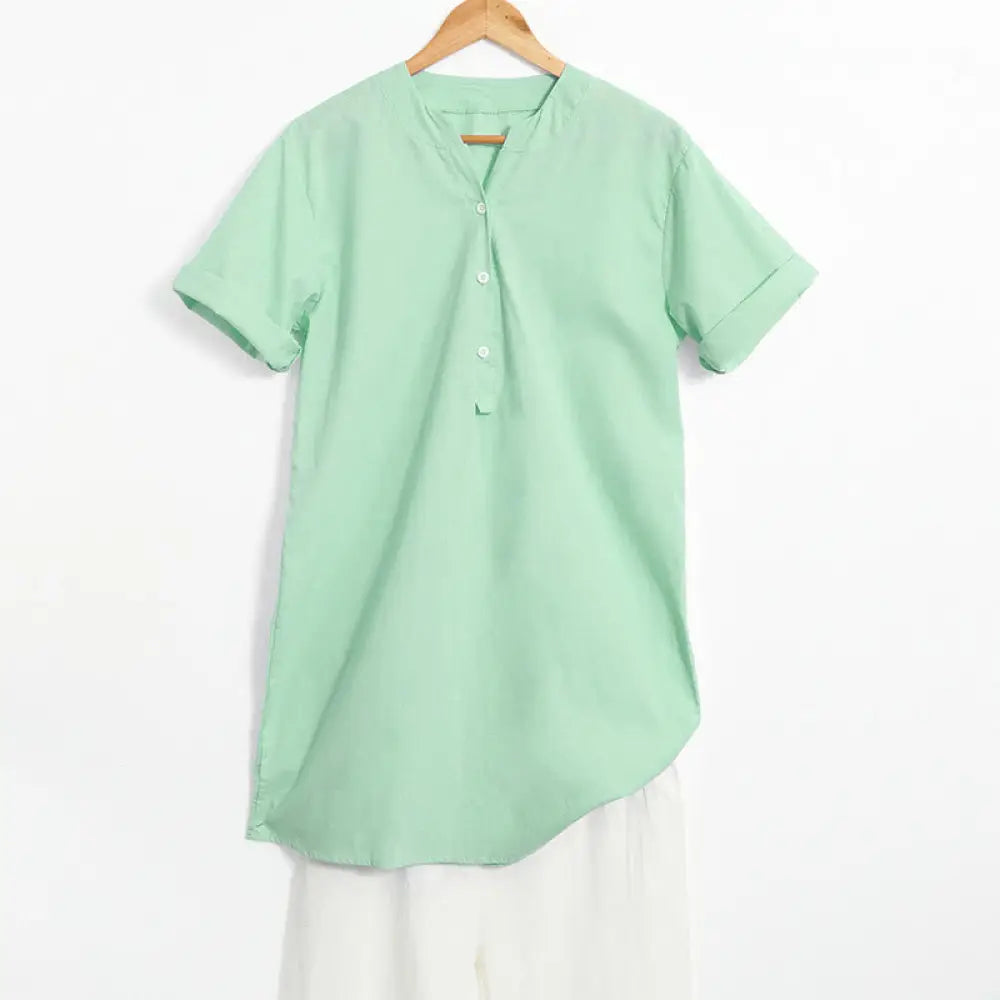Buddha Stones Casual Plain Button Notched Collar Women’s Short Sleeve Shirt - PaleGreen / US4，UK/AU8，EU36 (S) - Women’s