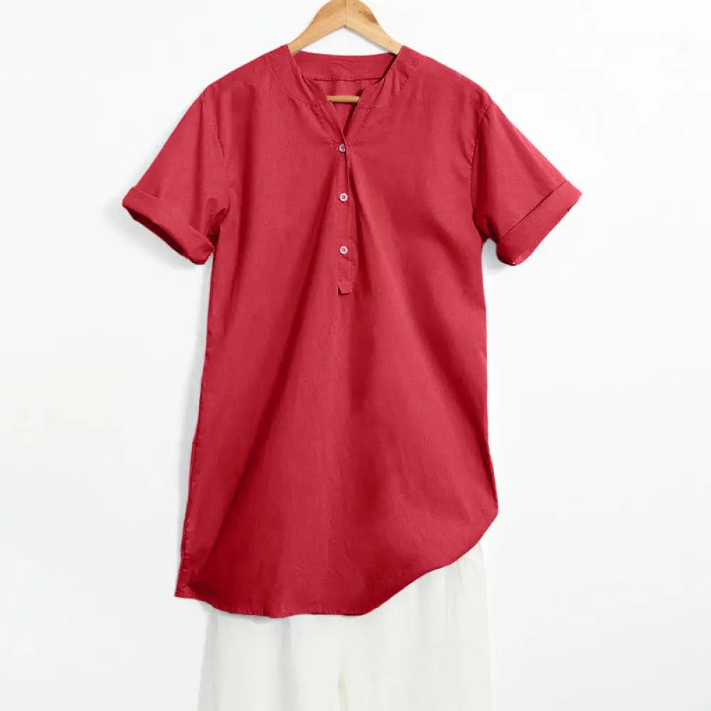 Buddha Stones Casual Plain Button Notched Collar Women’s Short Sleeve Shirt - Red / US4，UK/AU8，EU36 (S) - Women’s Shirts