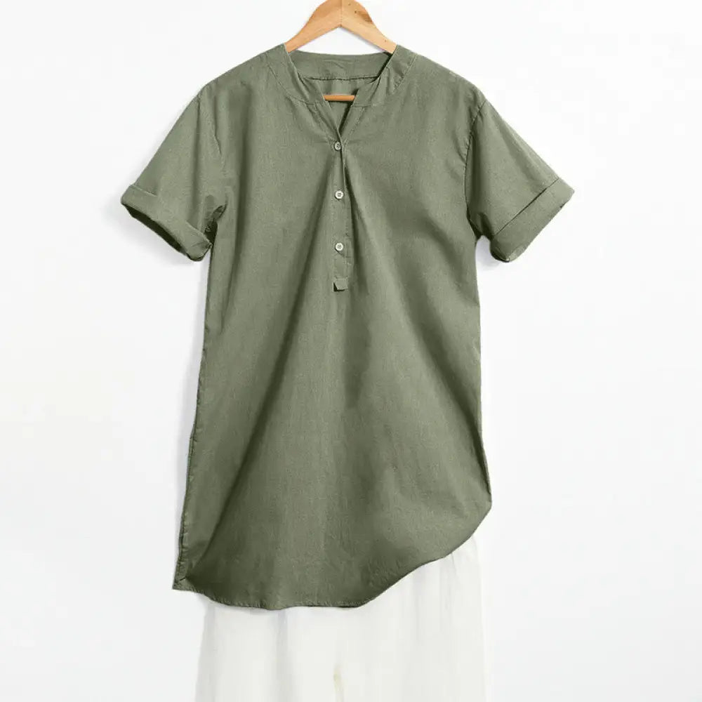 Buddha Stones Casual Plain Button Notched Collar Women’s Short Sleeve Shirt - SeaGreen / US4，UK/AU8，EU36 (S) - Women’s