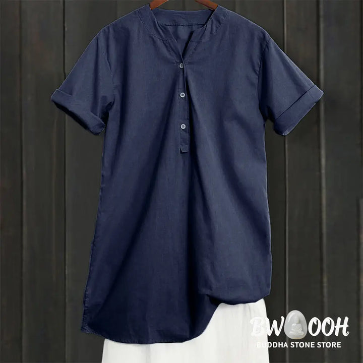 Buddha Stones Casual Plain Button Notched Collar Women’s Short Sleeve Shirt - Women’s Shirts