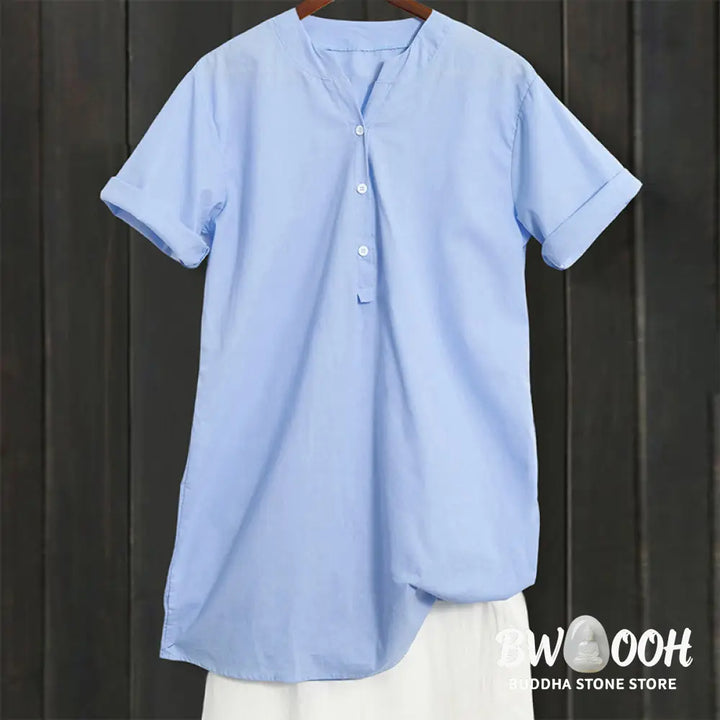 Buddha Stones Casual Plain Button Notched Collar Women’s Short Sleeve Shirt - Women’s Shirts