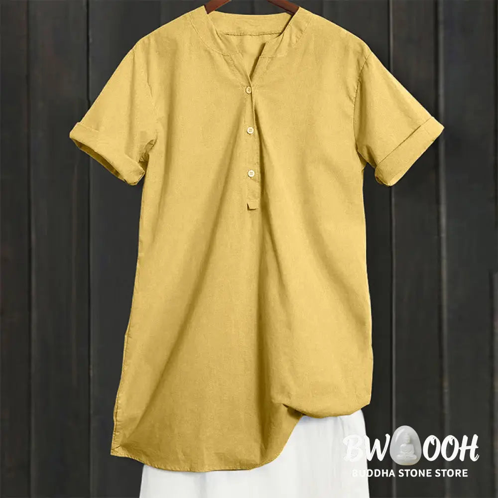 Buddha Stones Casual Plain Button Notched Collar Women’s Short Sleeve Shirt - Women’s Shirts