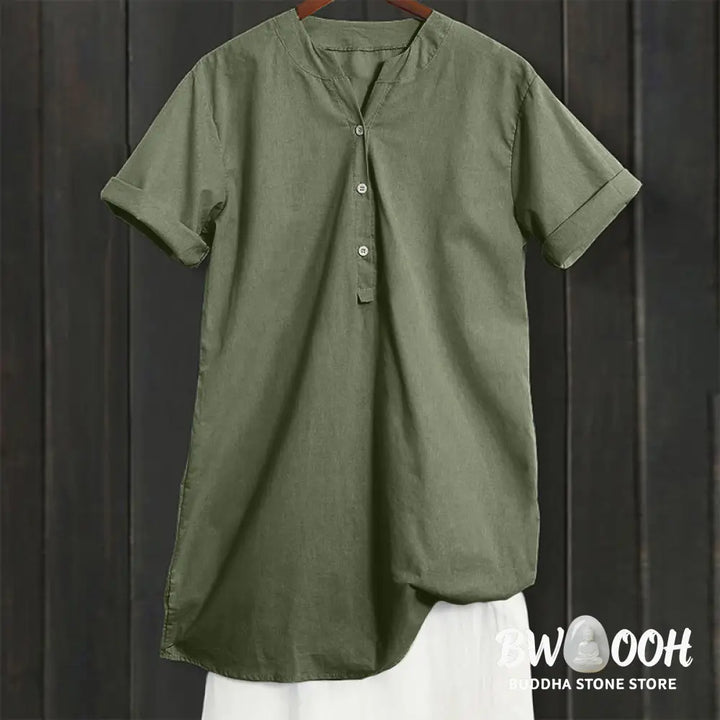 Buddha Stones Casual Plain Button Notched Collar Women’s Short Sleeve Shirt - Women’s Shirts