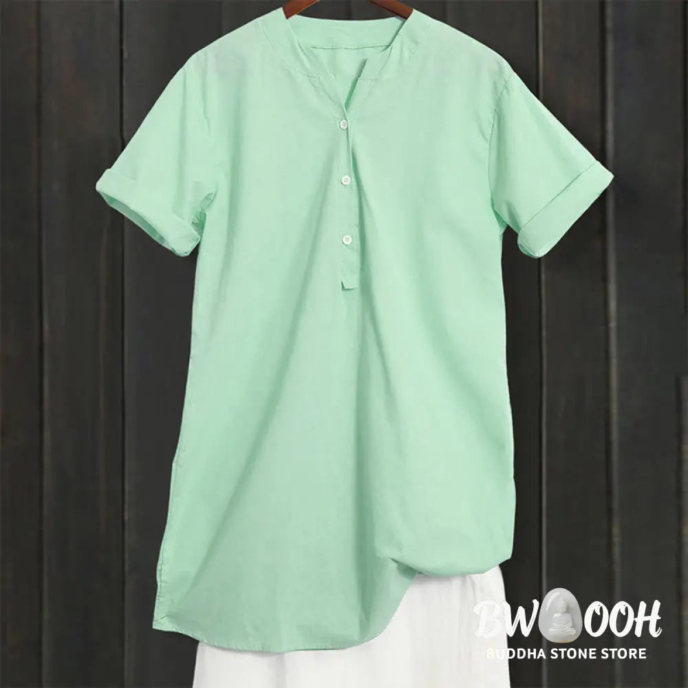 Buddha Stones Casual Plain Button Notched Collar Women’s Short Sleeve Shirt - Women’s Shirts