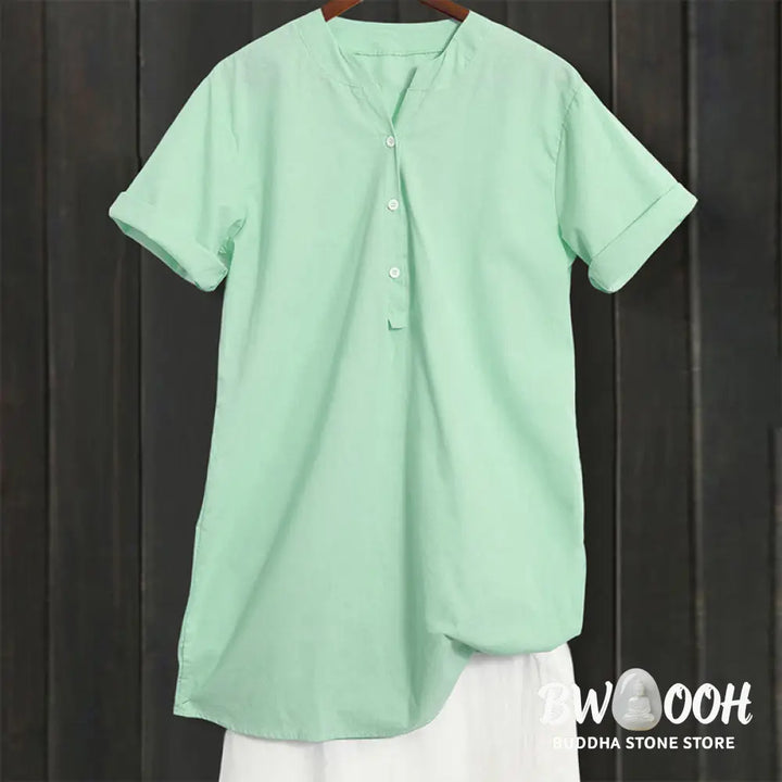 Buddha Stones Casual Plain Button Notched Collar Women’s Short Sleeve Shirt - Women’s Shirts