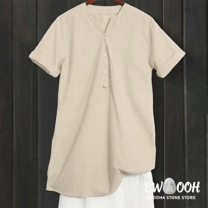 Buddha Stones Casual Plain Button Notched Collar Women’s Short Sleeve Shirt - Women’s Shirts