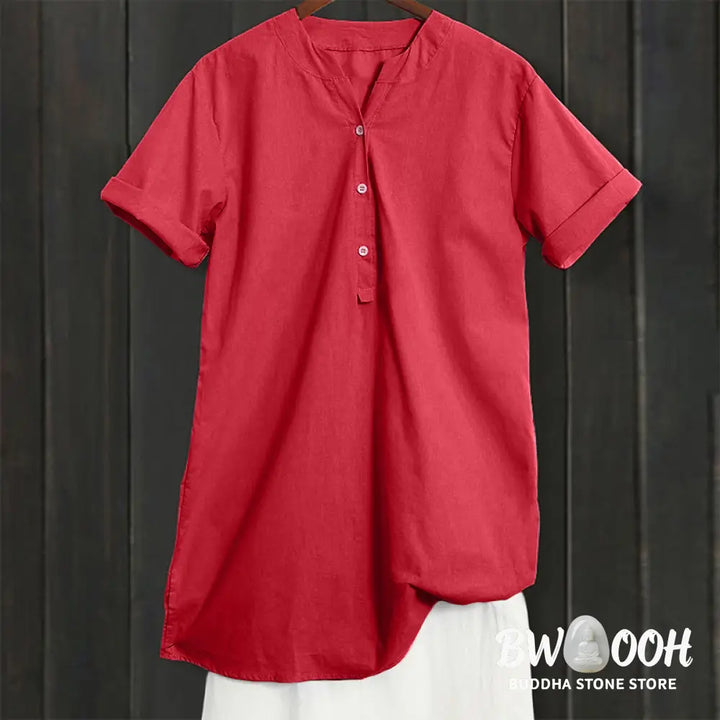 Buddha Stones Casual Plain Button Notched Collar Women’s Short Sleeve Shirt - Women’s Shirts