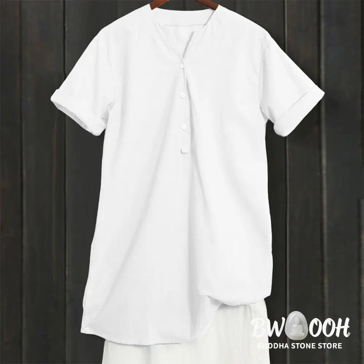 Buddha Stones Casual Plain Button Notched Collar Women’s Short Sleeve Shirt - Women’s Shirts
