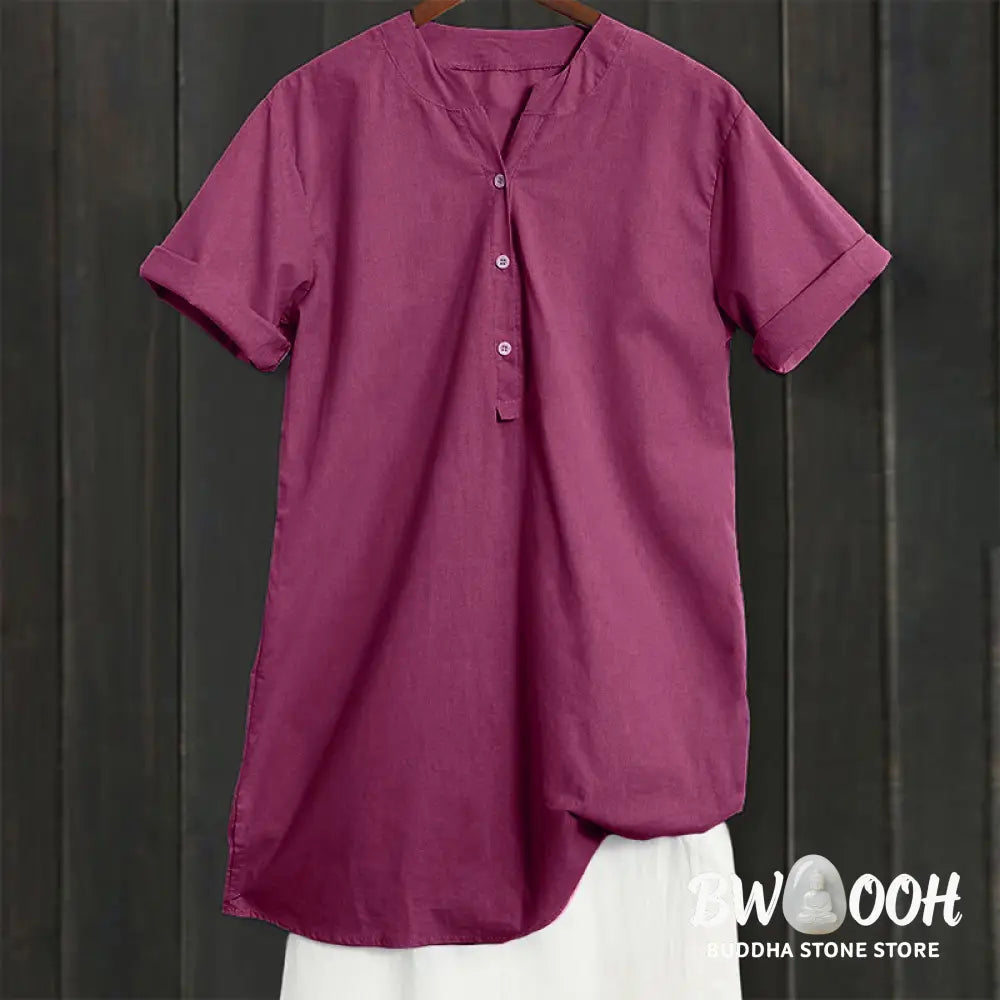 Buddha Stones Casual Plain Button Notched Collar Women’s Short Sleeve Shirt - Women’s Shirts