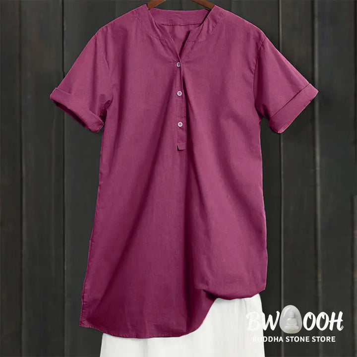Buddha Stones Casual Plain Button Notched Collar Women’s Short Sleeve Shirt - Women’s Shirts