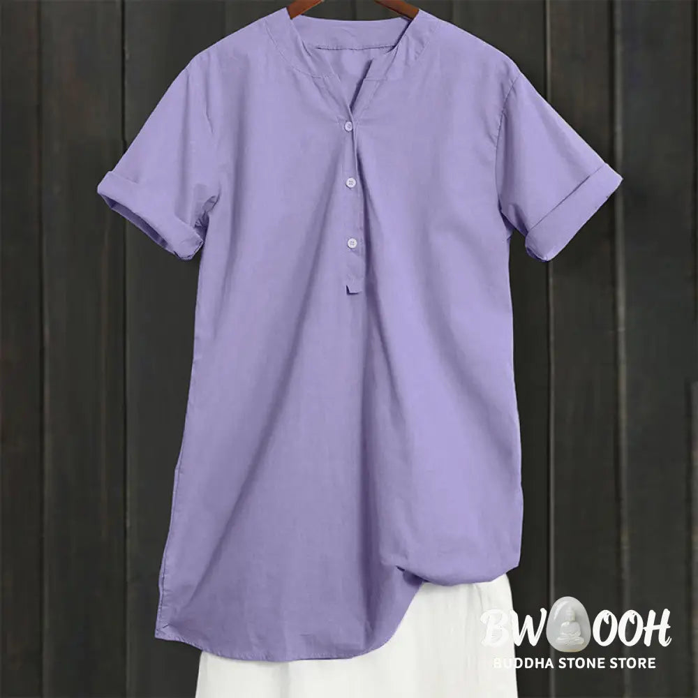 Buddha Stones Casual Plain Button Notched Collar Women’s Short Sleeve Shirt - Women’s Shirts