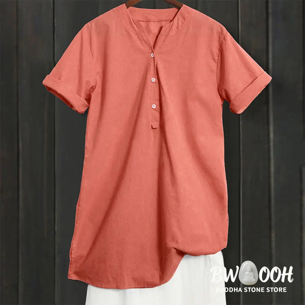 Buddha Stones Casual Plain Button Notched Collar Women’s Short Sleeve Shirt - Women’s Shirts