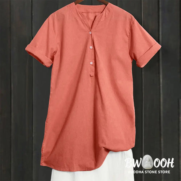 Buddha Stones Casual Plain Button Notched Collar Women’s Short Sleeve Shirt - Women’s Shirts