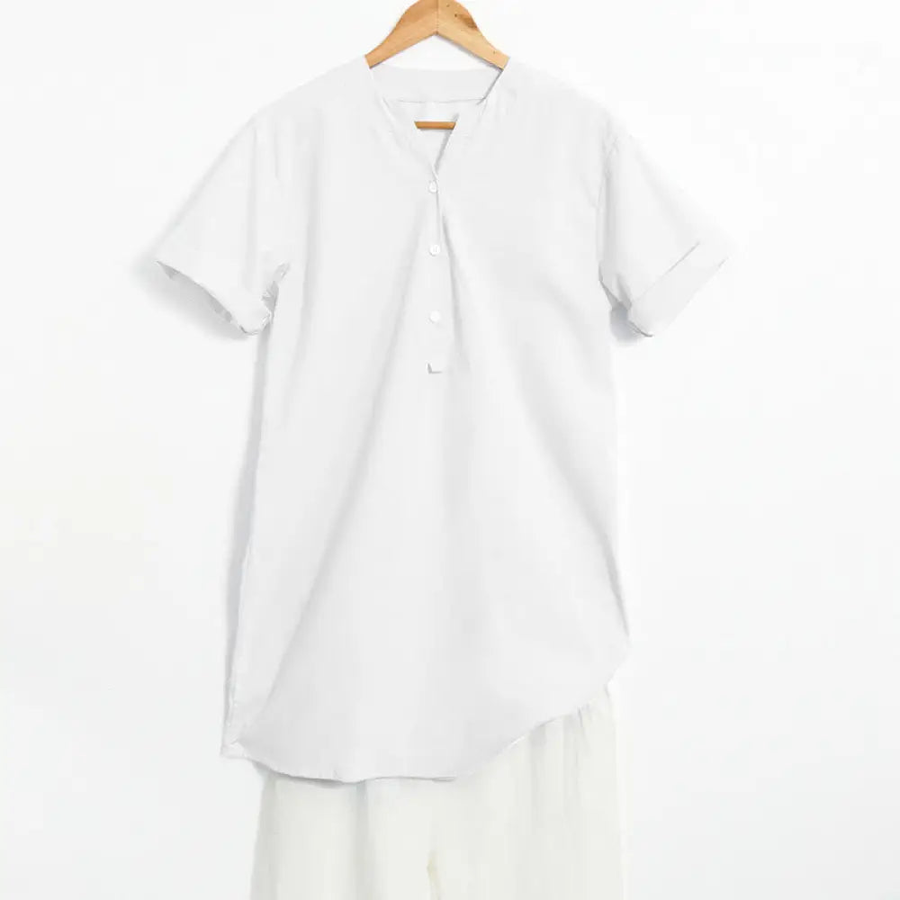 Buddha Stones Casual Plain Button Notched Collar Women’s Short Sleeve Shirt - White / US4，UK/AU8，EU36 (S) - Women’s