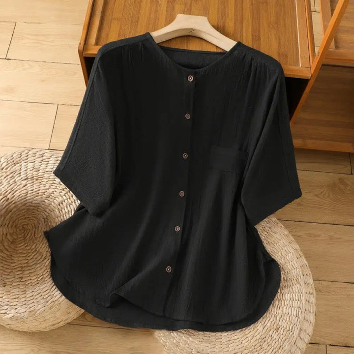 Buddha Stones Casual Plain Buttons Half Sleeve Women’s Cotton Linen Shirt With Pocket - Black / US4，UK/AU8，EU36 (L)