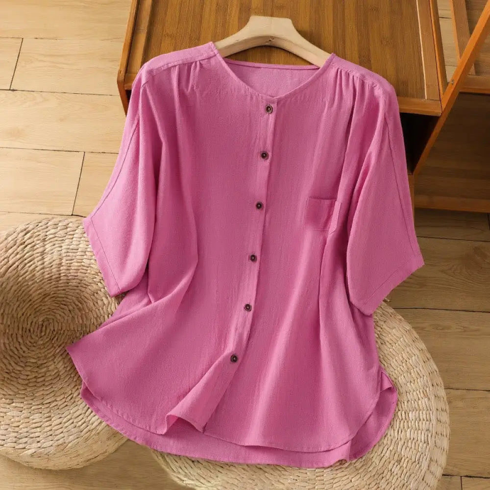 Buddha Stones Casual Plain Buttons Half Sleeve Women’s Cotton Linen Shirt With Pocket - DeepPink / US4，UK/AU8，EU36 (L)