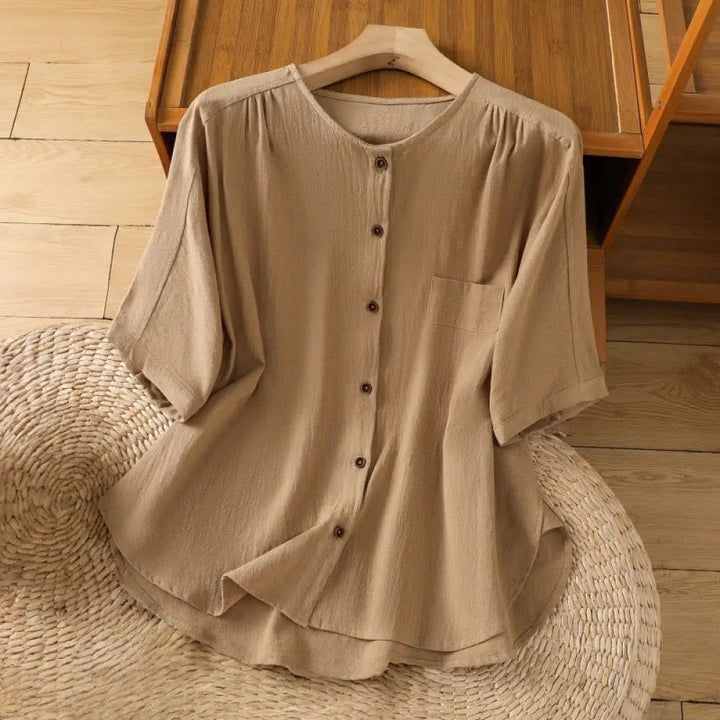Buddha Stones Casual Plain Buttons Half Sleeve Women’s Cotton Linen Shirt With Pocket - Goldenrod / US4，UK/AU8，EU36 (L)