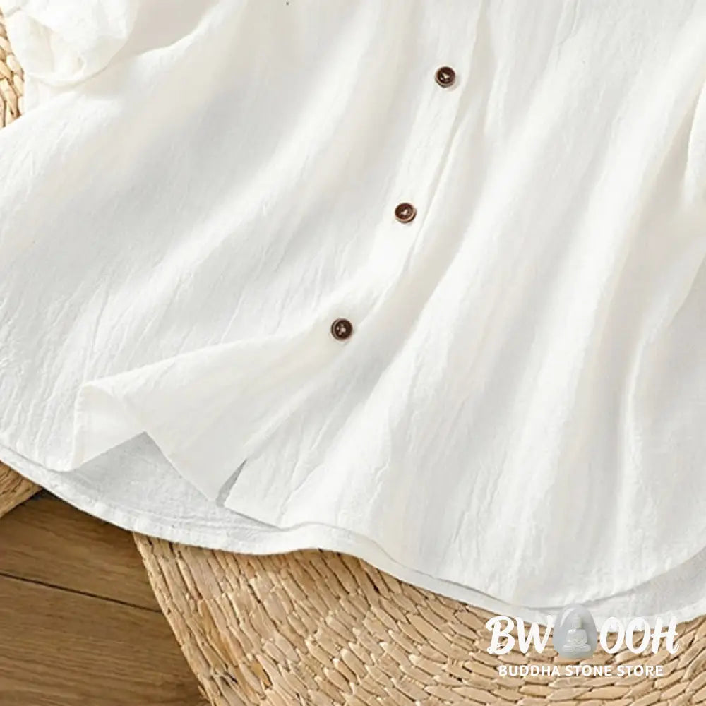 Buddha Stones Casual Plain Buttons Half Sleeve Women’s Cotton Linen Shirt With Pocket - Women’s Shirts