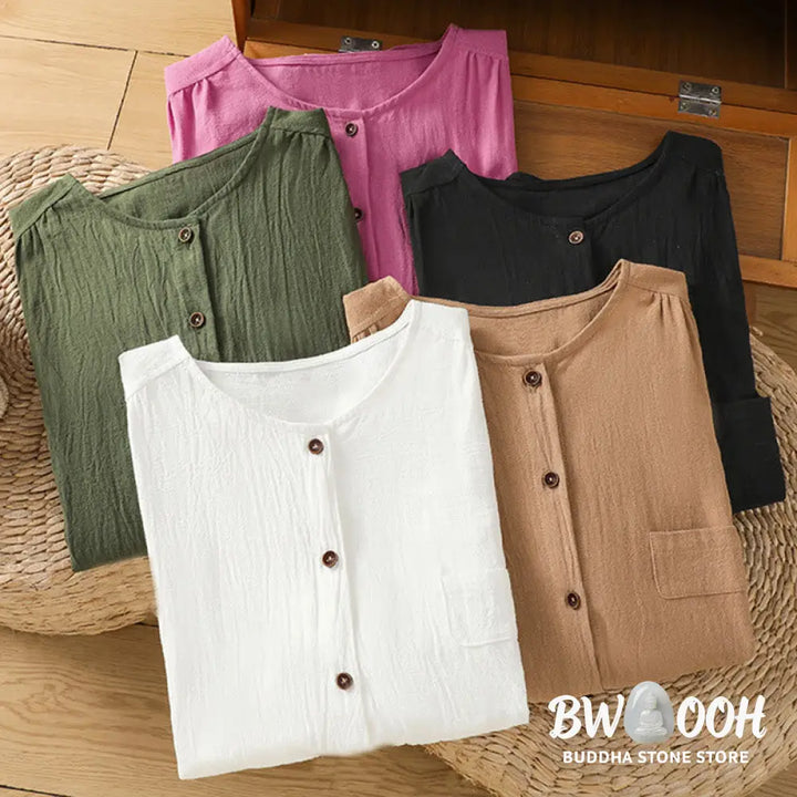 Buddha Stones Casual Plain Buttons Half Sleeve Women’s Cotton Linen Shirt With Pocket - Women’s Shirts