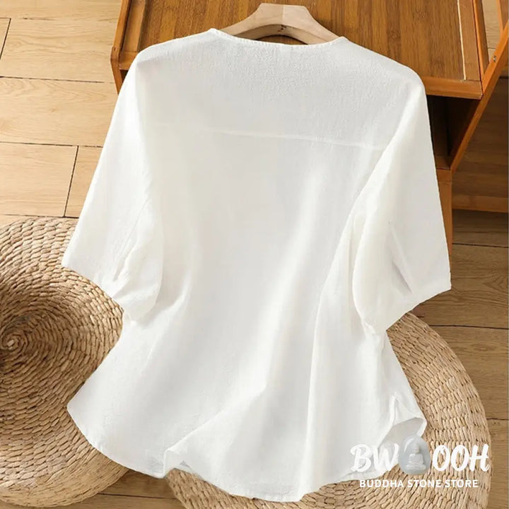 Buddha Stones Casual Plain Buttons Half Sleeve Women’s Cotton Linen Shirt With Pocket - Women’s Shirts