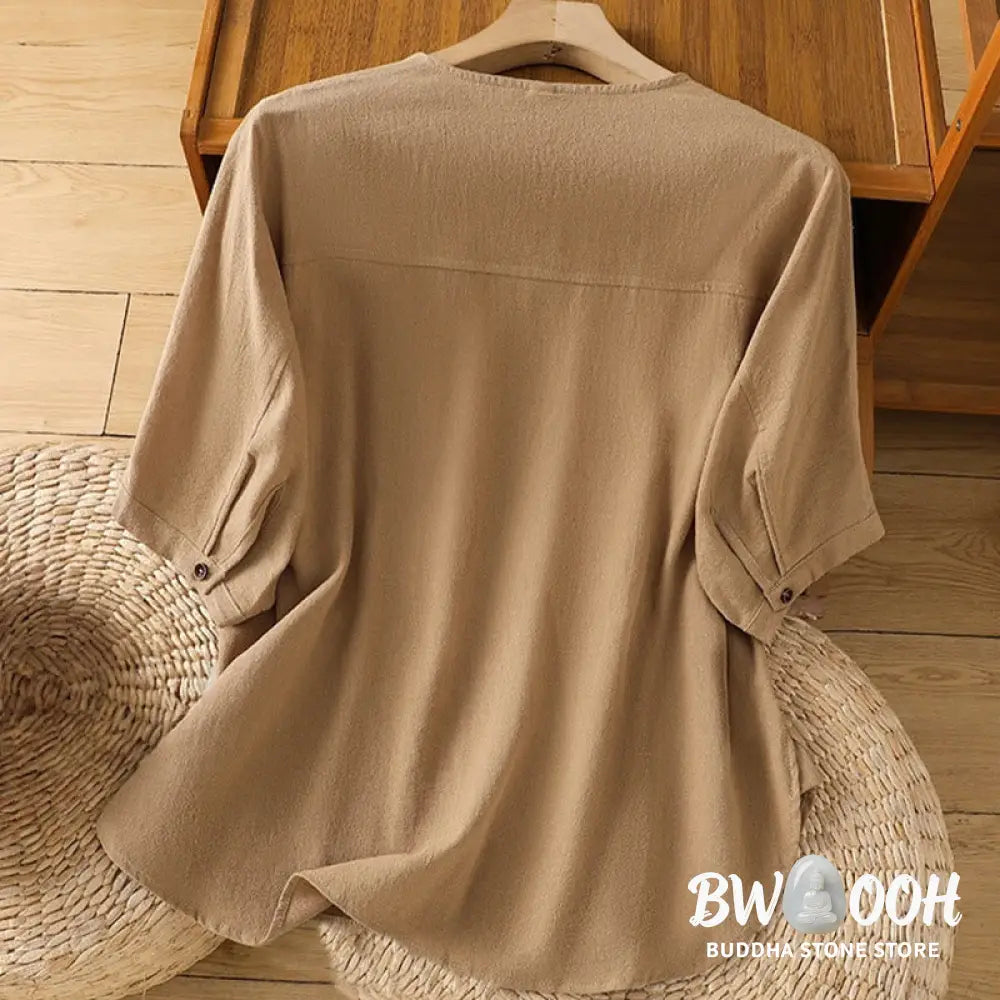 Buddha Stones Casual Plain Buttons Half Sleeve Women’s Cotton Linen Shirt With Pocket - Women’s Shirts