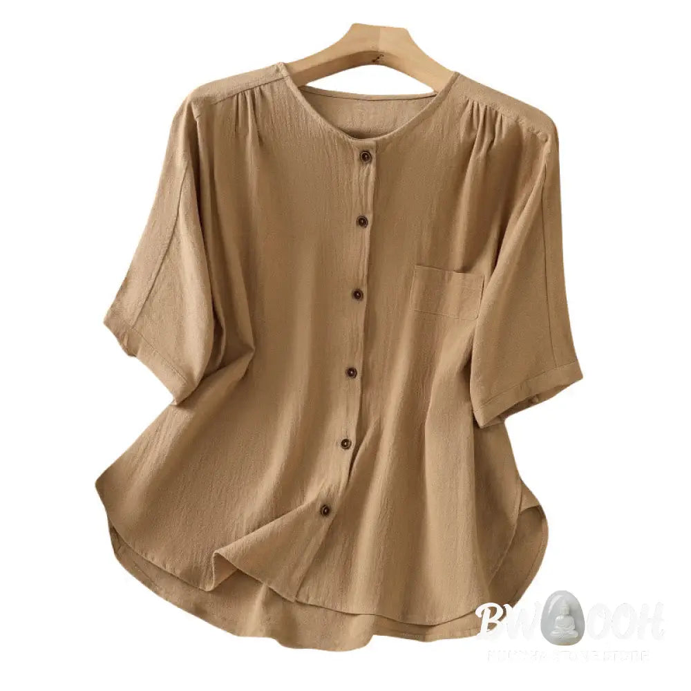 Buddha Stones Casual Plain Buttons Half Sleeve Women’s Cotton Linen Shirt With Pocket - Women’s Shirts