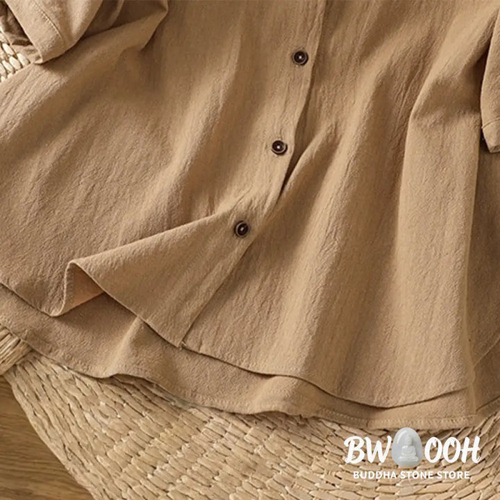 Buddha Stones Casual Plain Buttons Half Sleeve Women’s Cotton Linen Shirt With Pocket - Women’s Shirts