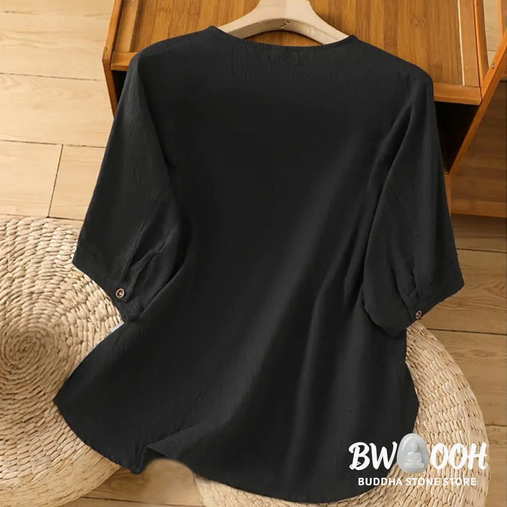 Buddha Stones Casual Plain Buttons Half Sleeve Women’s Cotton Linen Shirt With Pocket - Women’s Shirts