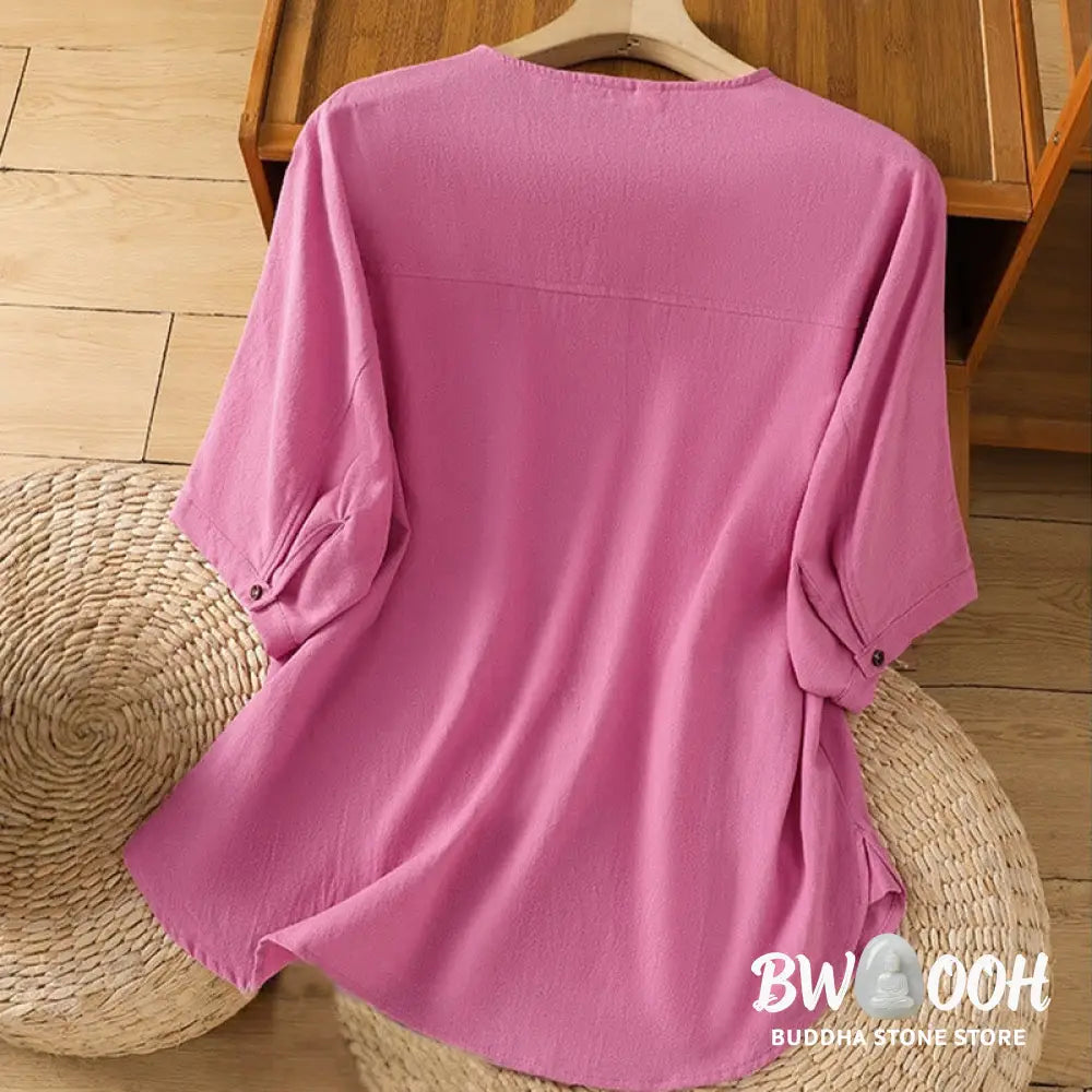 Buddha Stones Casual Plain Buttons Half Sleeve Women’s Cotton Linen Shirt With Pocket - Women’s Shirts