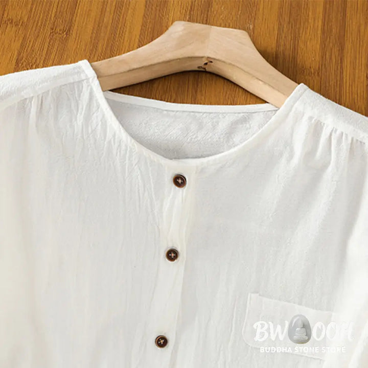 Buddha Stones Casual Plain Buttons Half Sleeve Women’s Cotton Linen Shirt With Pocket - Women’s Shirts