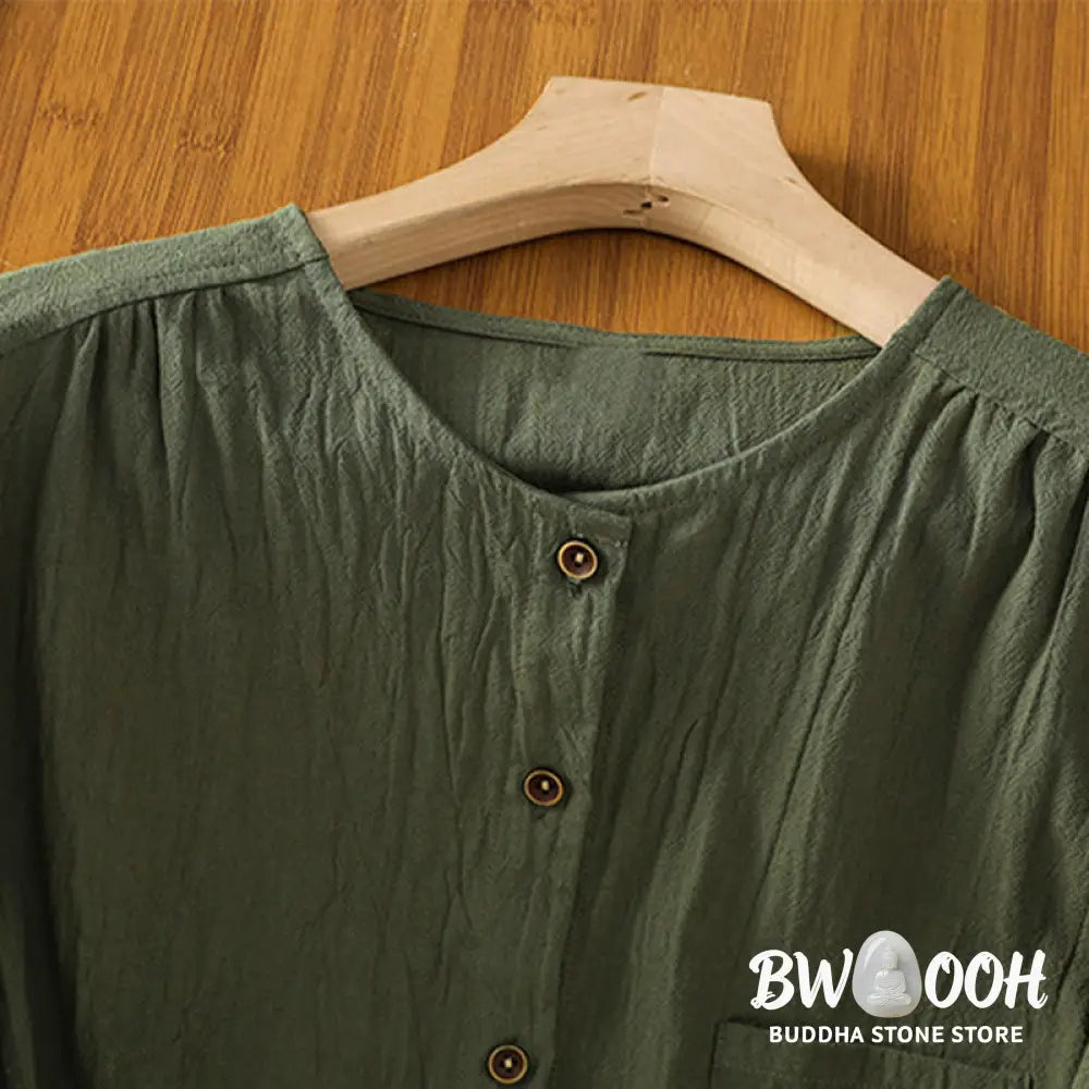 Buddha Stones Casual Plain Buttons Half Sleeve Women’s Cotton Linen Shirt With Pocket - Women’s Shirts
