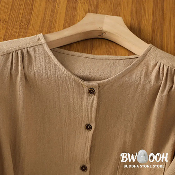 Buddha Stones Casual Plain Buttons Half Sleeve Women’s Cotton Linen Shirt With Pocket - Women’s Shirts