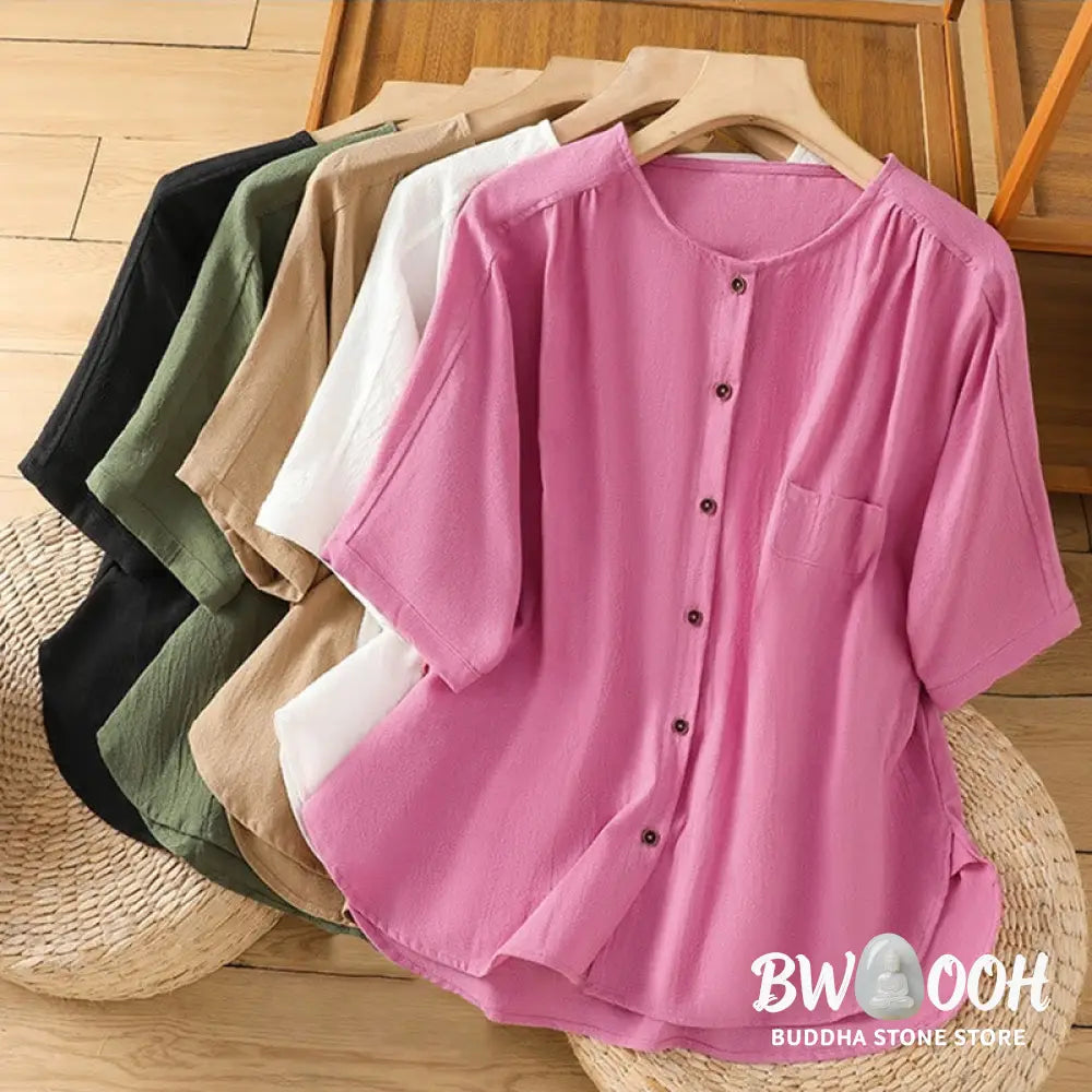 Buddha Stones Casual Plain Buttons Half Sleeve Women’s Cotton Linen Shirt With Pocket - Women’s Shirts