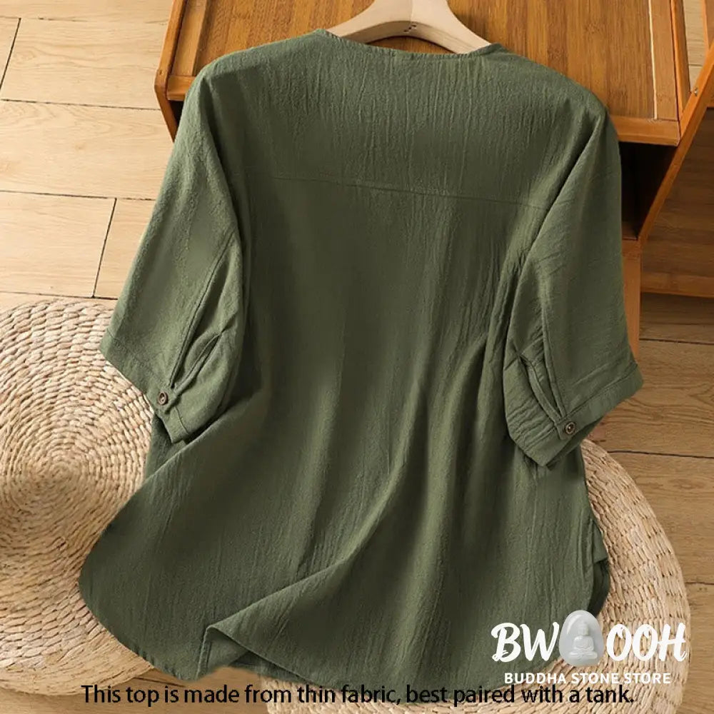 Buddha Stones Casual Plain Buttons Half Sleeve Women’s Cotton Linen Shirt With Pocket - Women’s Shirts