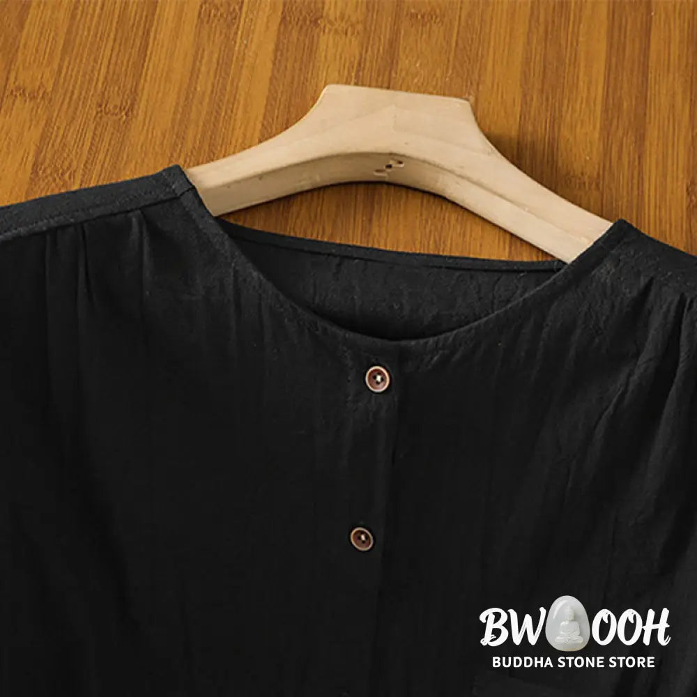 Buddha Stones Casual Plain Buttons Half Sleeve Women’s Cotton Linen Shirt With Pocket - Women’s Shirts