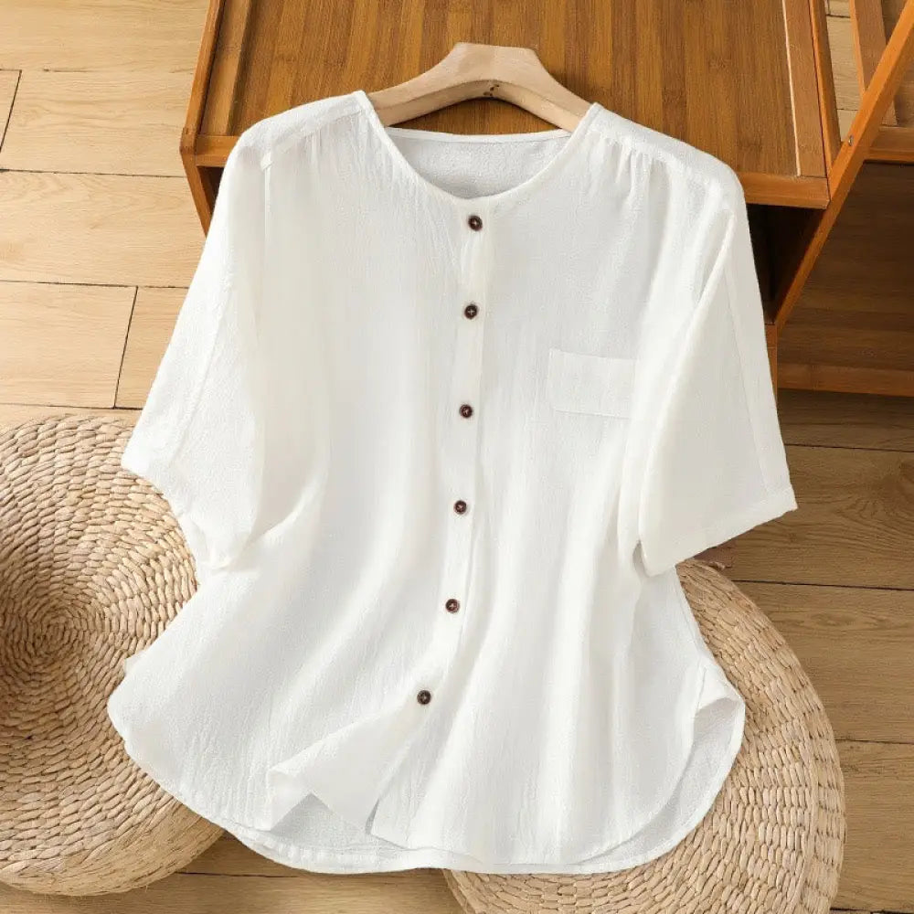 Buddha Stones Casual Plain Buttons Half Sleeve Women’s Cotton Linen Shirt With Pocket - White / US4，UK/AU8，EU36 (L)