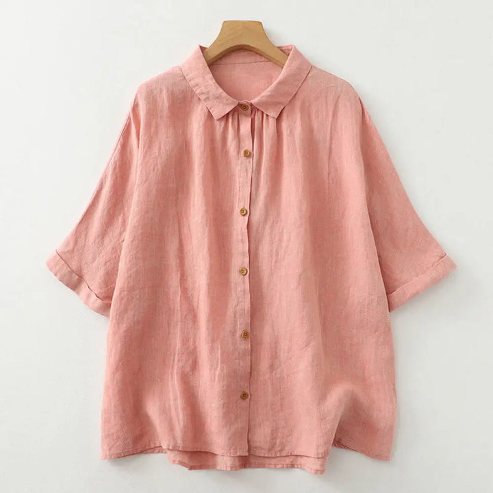 Buddha Stones Casual Plain Buttons Women’s Cotton Linen Half Sleeve Shirt - Salmon / US4，UK/AU8，EU36 (M) - Women’s