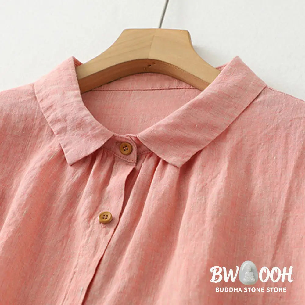 Buddha Stones Casual Plain Buttons Women’s Cotton Linen Half Sleeve Shirt - Women’s Shirts