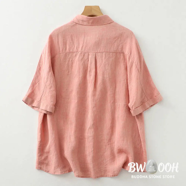 Buddha Stones Casual Plain Buttons Women’s Cotton Linen Half Sleeve Shirt - Women’s Shirts