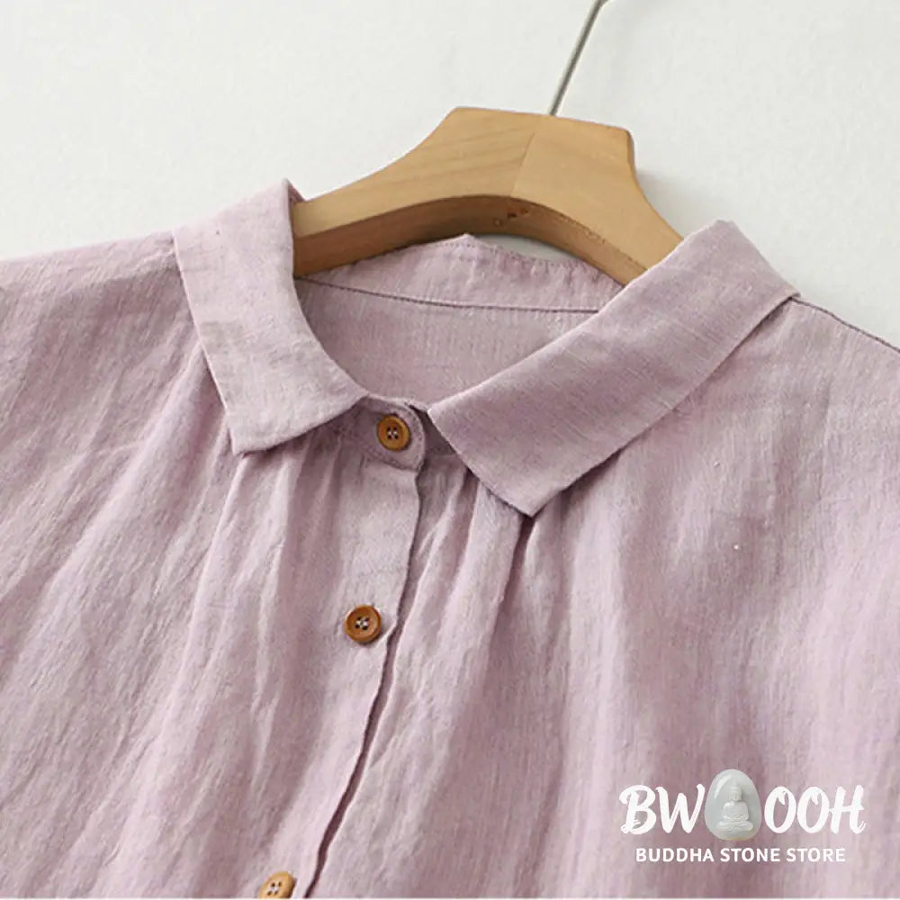Buddha Stones Casual Plain Buttons Women’s Cotton Linen Half Sleeve Shirt - Women’s Shirts