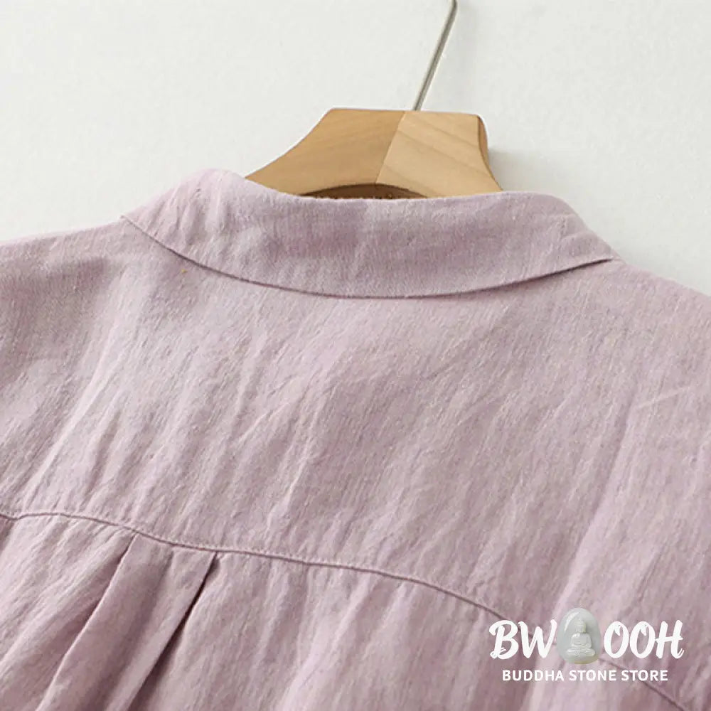 Buddha Stones Casual Plain Buttons Women’s Cotton Linen Half Sleeve Shirt - Women’s Shirts