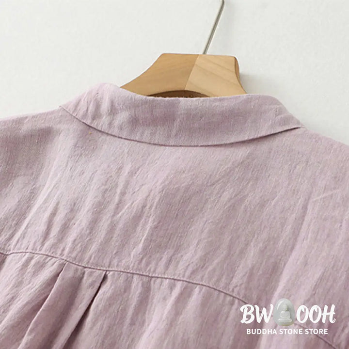 Buddha Stones Casual Plain Buttons Women’s Cotton Linen Half Sleeve Shirt - Women’s Shirts