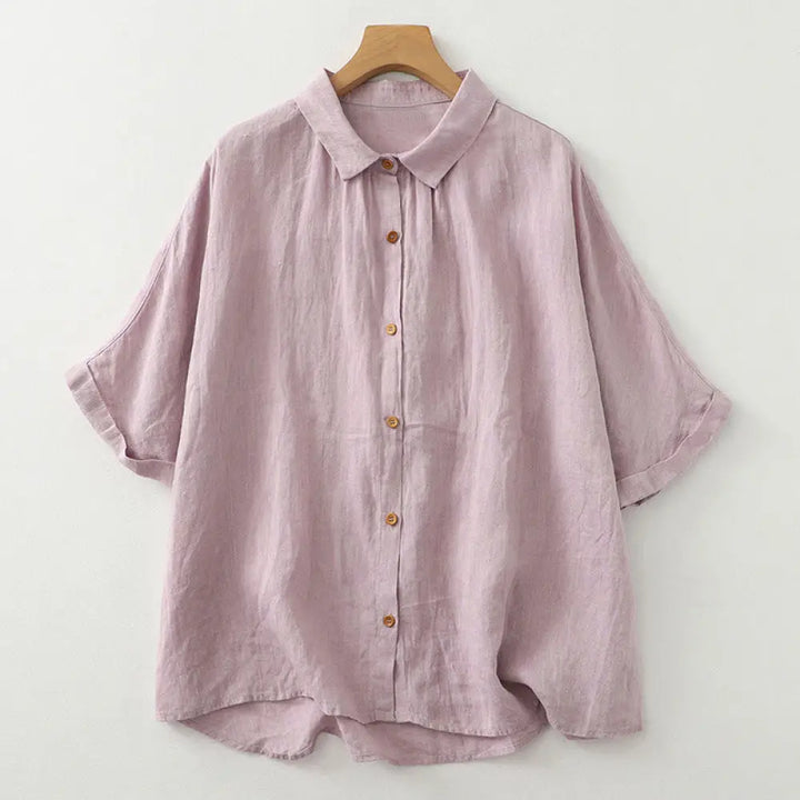 Buddha Stones Casual Plain Buttons Women’s Cotton Linen Half Sleeve Shirt - Thistle / US4，UK/AU8，EU36 (M) - Women’s