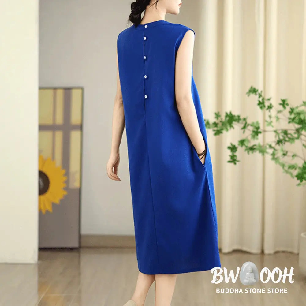 Buddha Stones Casual Plain Color Button Back Design Sleeveless Cotton Linen Midi Dress With Pockets - Midi Dress